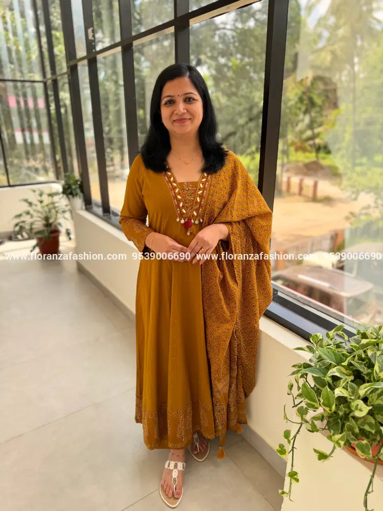 Panel Cut Anarkali 3 Piece Set In Cotton - Mustard Brown (4065B) - Mustard Brown / M