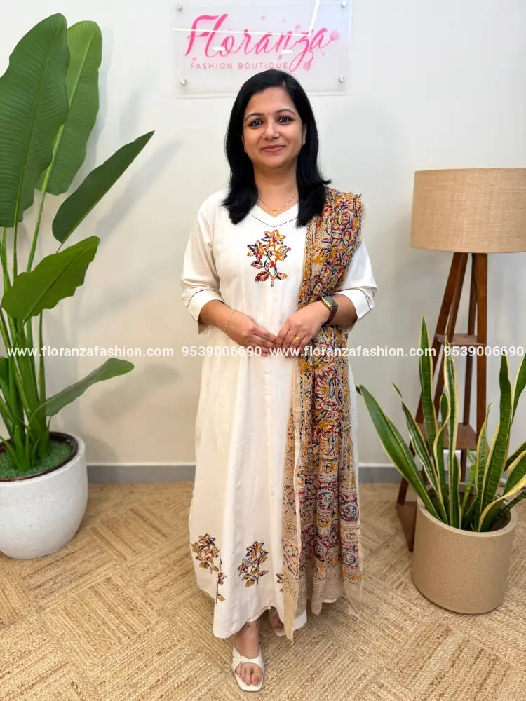 Panel Cut Anarkali 3 Piece Set In Flex Cotton - Off-white (4072) - OFF-WHITE / M