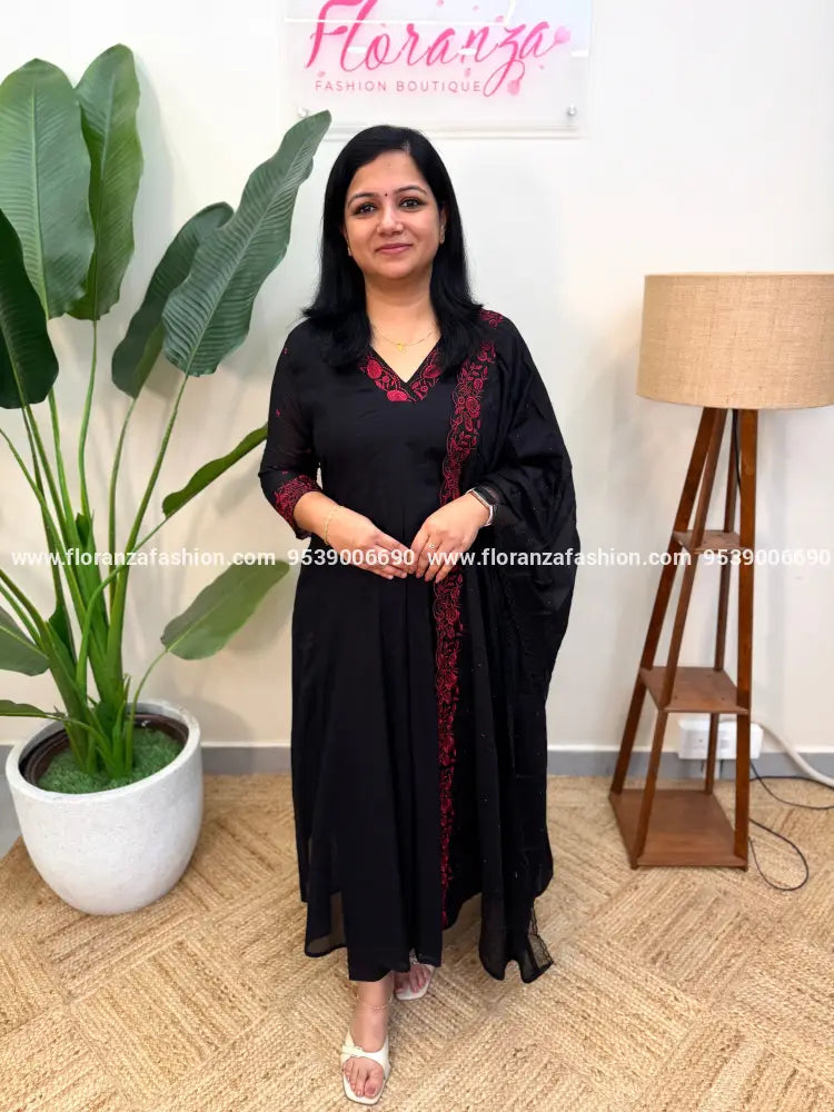 Panel Cut Anarkali 3 Piece Set in Mul Cotton - Black (4172C) - BLACK / M