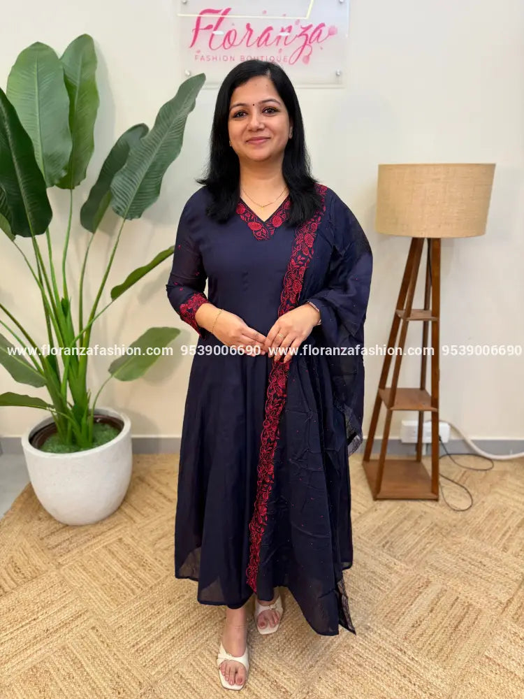 Panel Cut Anarkali 3 Piece Set in Mul Cotton - Dark Blue (4172B) - Dark Blue / M