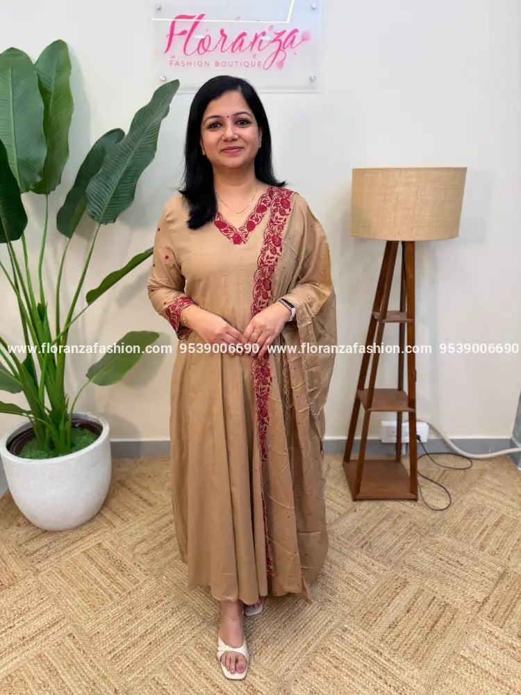 Panel Cut Anarkali 3 Piece Set in Mul Cotton - Nude Brown (4172E) - Nude Brown / M