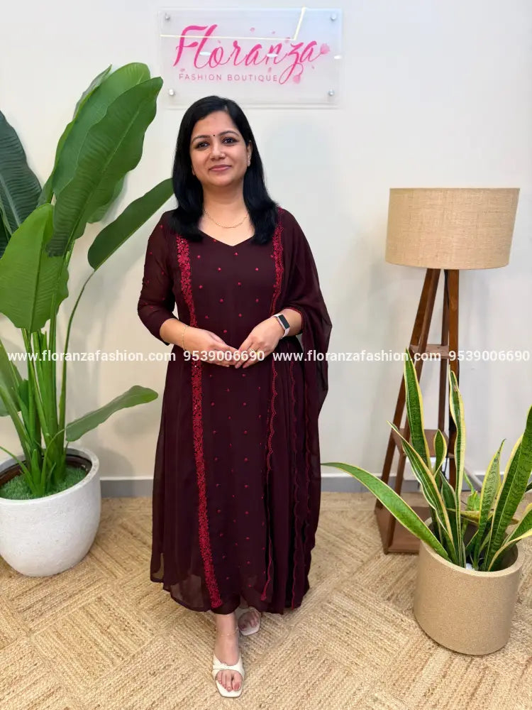 Party Wear 3 Piece Set in Fox Georgette - Dark Brown (4126F) - Dark Brown / M