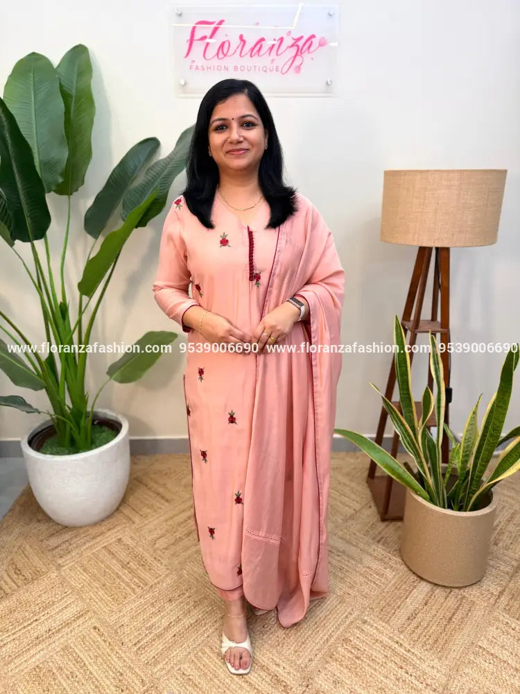 Party wear 3 Piece Set in Mul Chanderi - Champaign Pink (4128I) - Champaign Pink / M