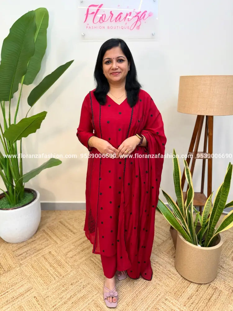 Party wear 3 Piece set in Mul-Chanderi - Chilly Red(4087) - Chilly Red / L