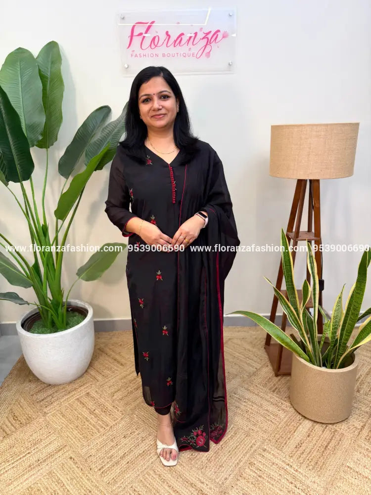 Party wear 3 Piece Set in Mul Chanderi - Jet Black (4128H) - JET BLACK / M