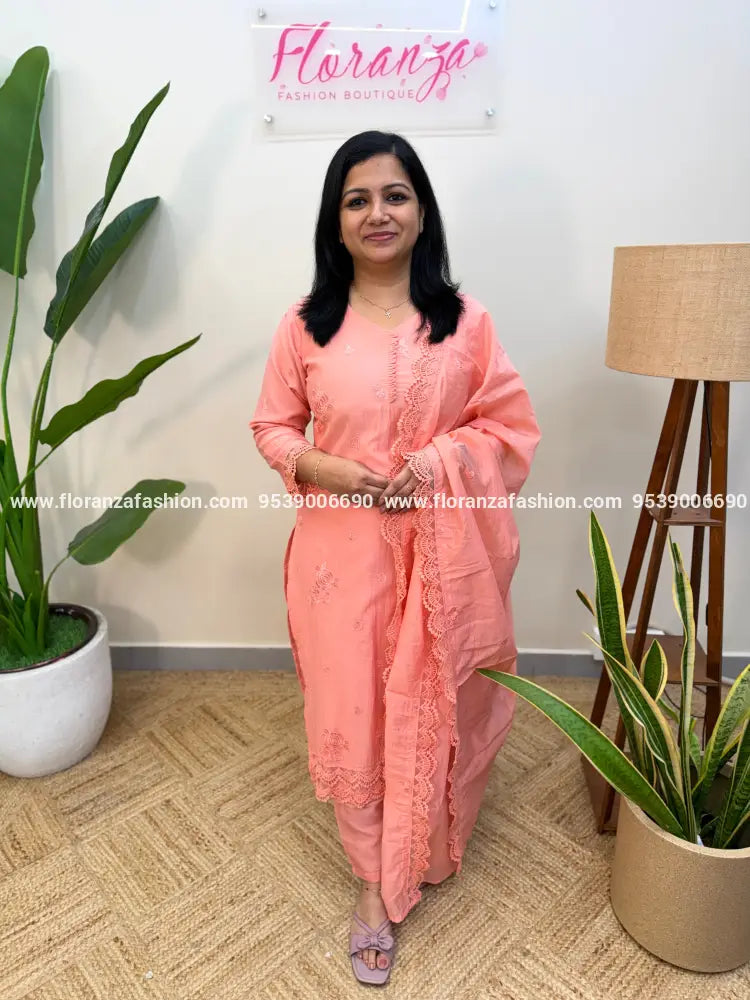 Party wear 3 Piece Set In Mul-Chanderi - Light Peach(4104C) - Light Peach / M