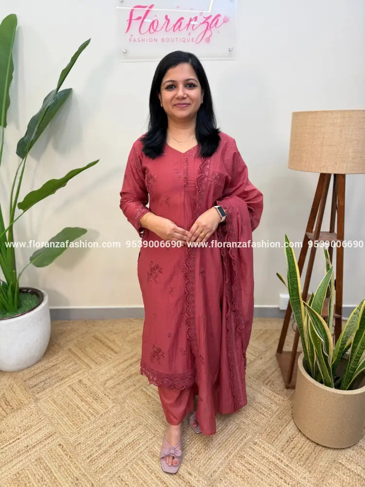 Party wear 3 Piece Set In Mul-Chanderi - Mauve Pink(4104A) - mauve pink / M