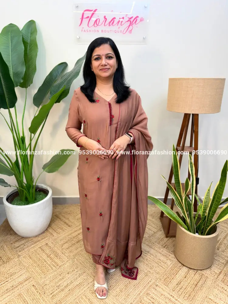 Party wear 3 Piece Set in Mul Chanderi - Nude Brown (4128G) - Nude Brown / M