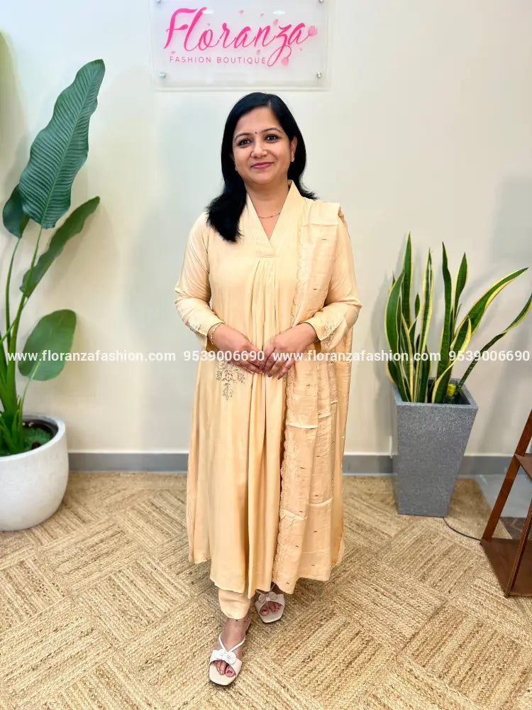 Party Wear 3 Piece Set in Muslin Silk - Light Chiku(3324B) - Light Chiku / M