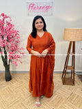 Party Wear 3 Piece Set In Premium Mul-Chanderi - 3777 - Burnt Orange mix Rust / M