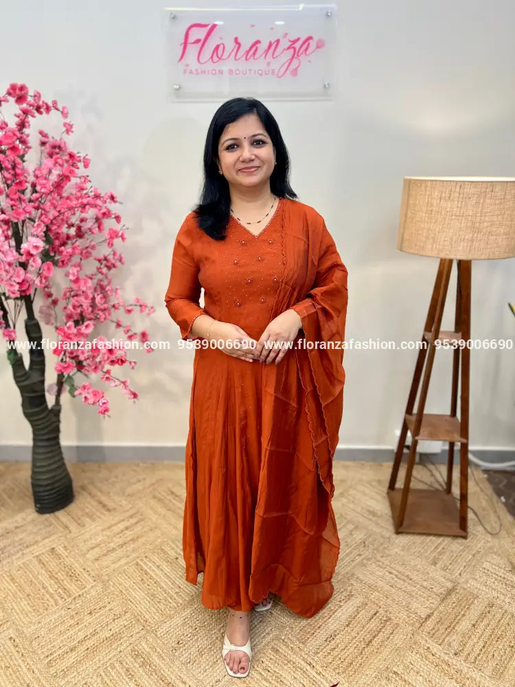 Party Wear 3 Piece Set In Premium Mul-Chanderi - 3777 - Burnt Orange mix Rust / M
