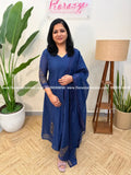 Party wear Anarkali 3 Piece Set In Premium Mul-chanderi - Navy Blue (4056B) - navy blue / M