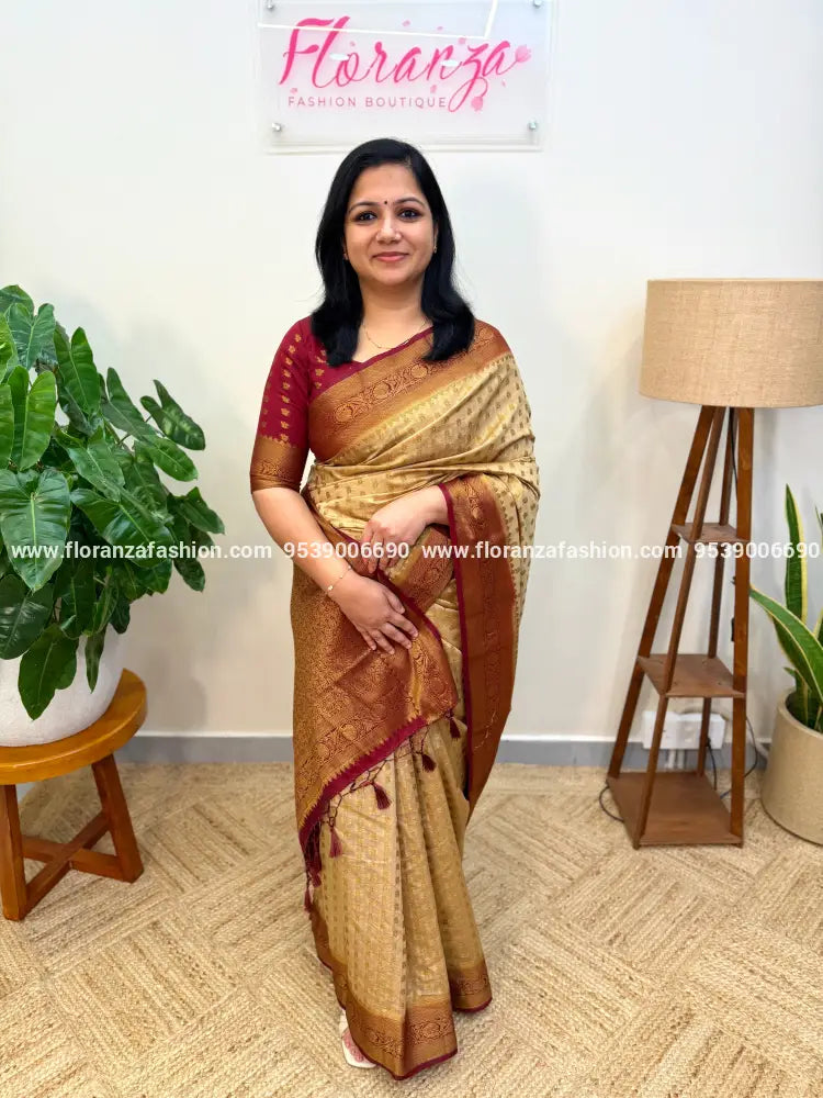 Party Wear Saree in Semi Banarasi Weaving - Chiku (4009) - CHIKU