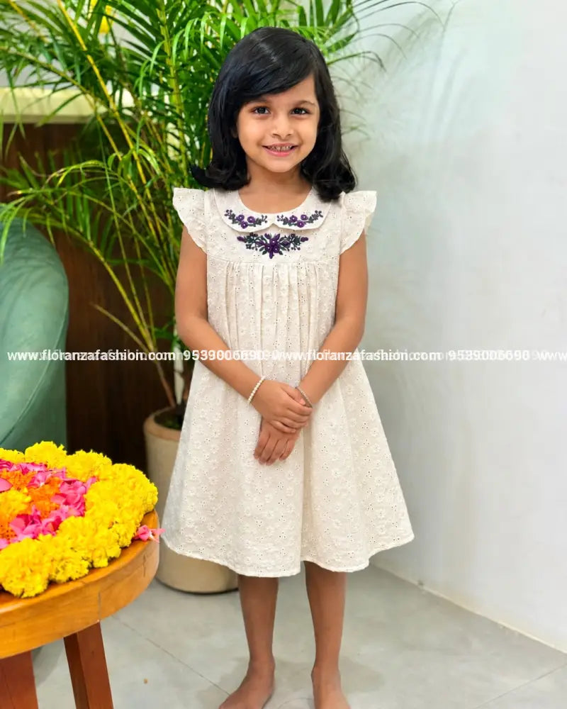 Pre-book- Florista Onam special Kids Frock In Hakoba -Off-White(3878) - Off-White / 20