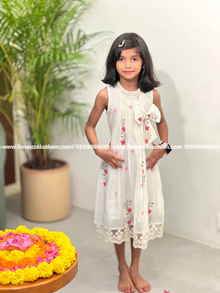 Pre-Book: Florista Onam Special Kids Frock in Mul- Chanderi - 3819 - Off-White / 20