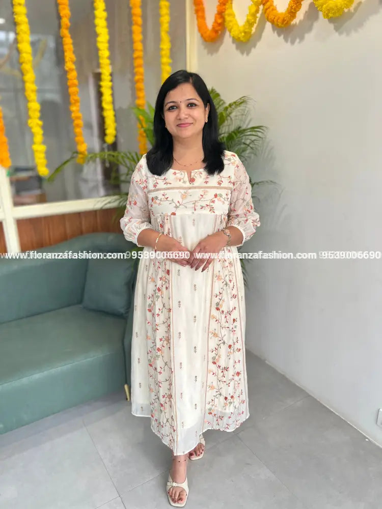 Pre-book Onam Special Florista Kurti In Mul-Chanderi with embroidery - 3835 - Off-White / XS
