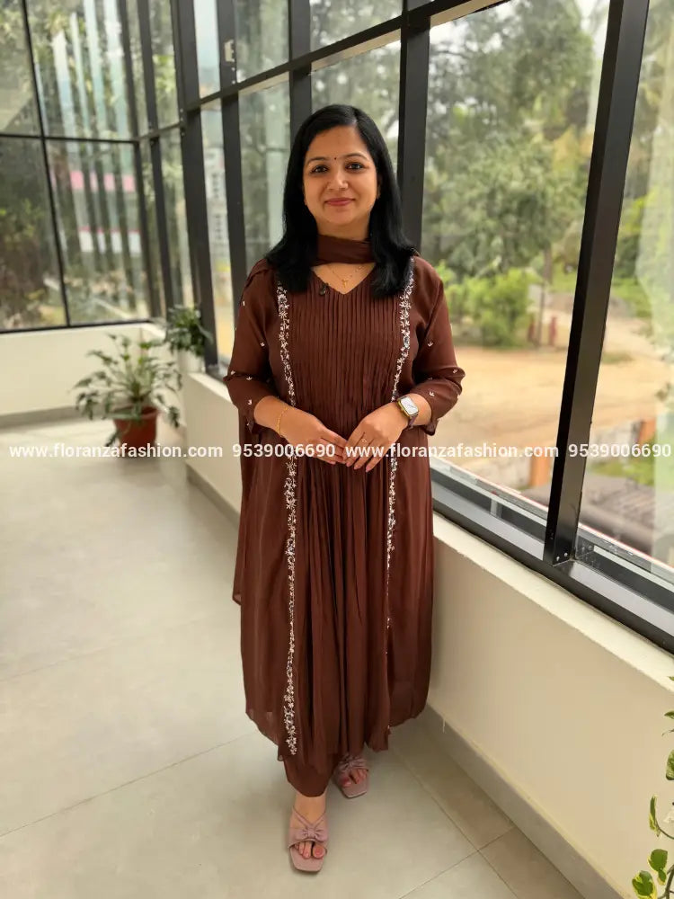 Premium 3 Piece Set In Chanderi - Coffee Brown-(4075B) - Coffee Brown / M