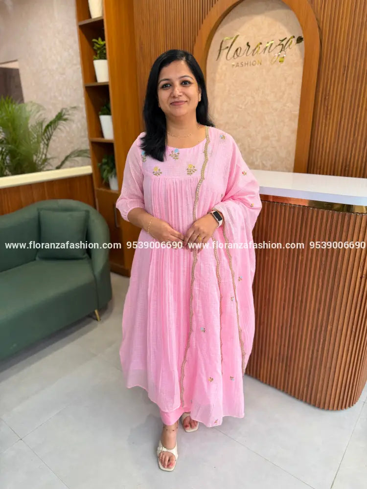 Premium 3 Piece Set in Cotton Kota - Baby Pink(4122A) - BABY PINK / L