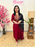 Premium 3 Piece Set In Glass Chanderi-Reddish Maroon(3881) - Reddish Maroon / M
