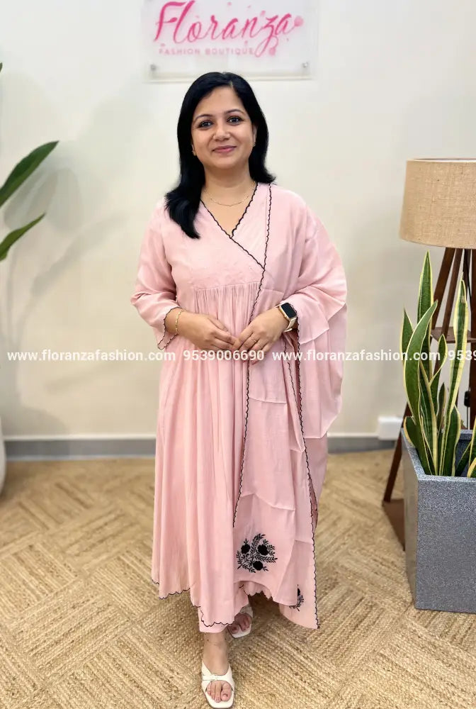 Premium 3 Piece Set In Mul-Chanderi - (3566) - Nude Pink / M