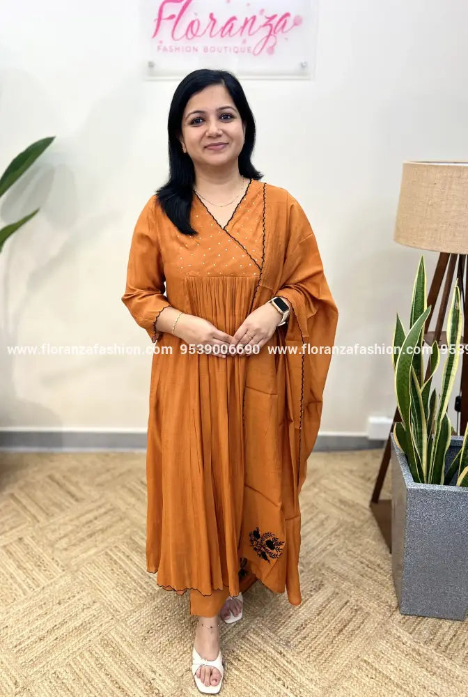 Premium 3 Piece Set In Mul-Chanderi - (3566) - Rust / M