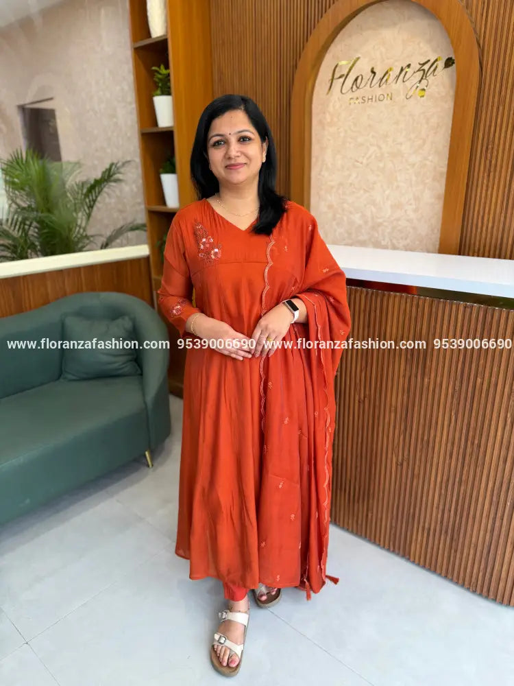 Premium 3 Piece Set In Mul-Chanderi - Burnt Orange(4113A) - Burnt Orange / M