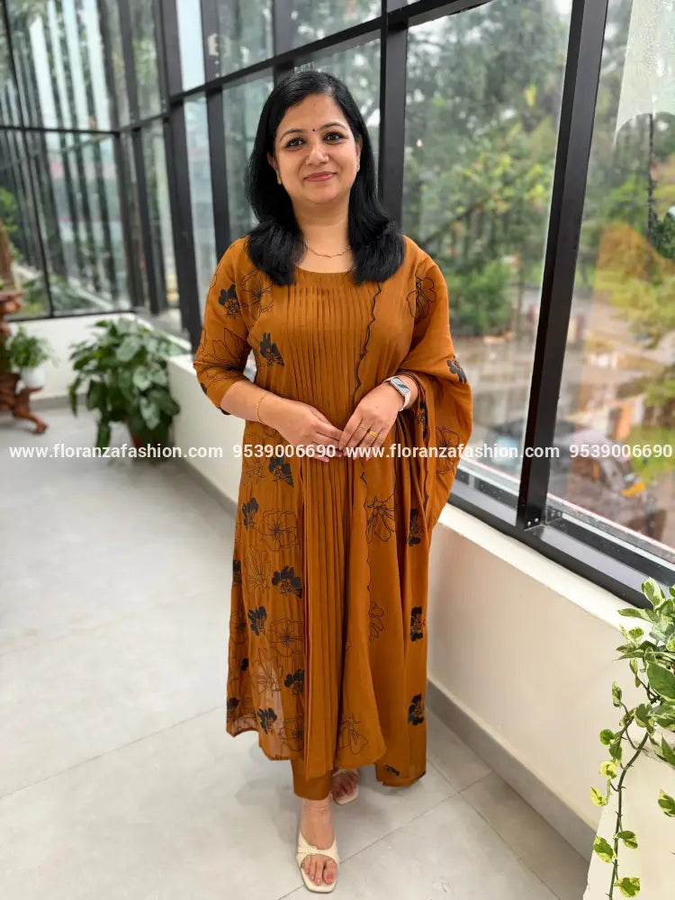 Premium 3 Piece Set In Mul-Chanderi - Mustard Brown(4138B) - Mustard Brown / M