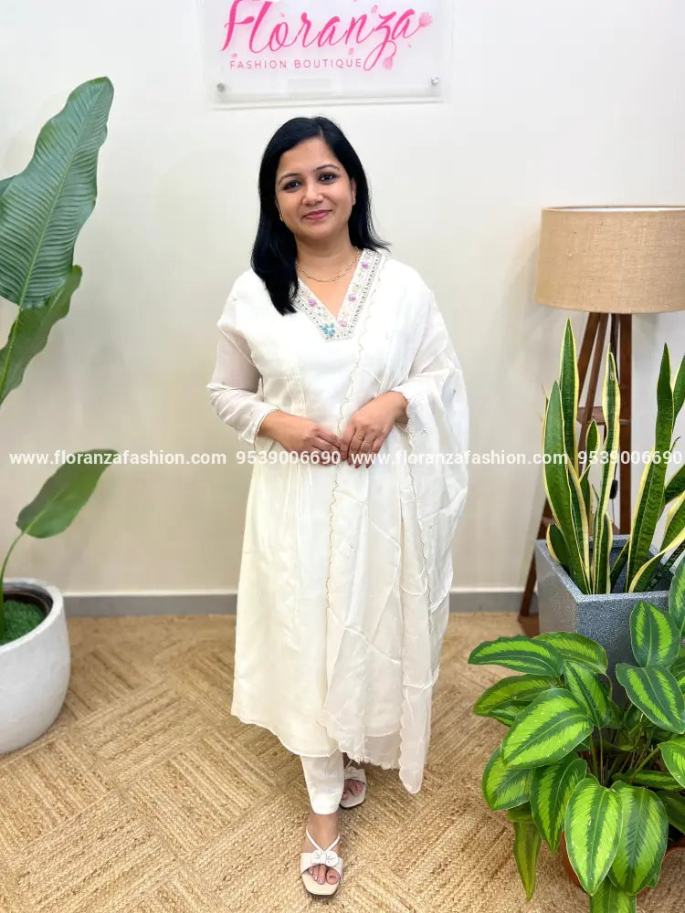 Premium-3-Piece-Set-In-Mul-Chanderi-Off-White(3452C) - Off-White / 2XL