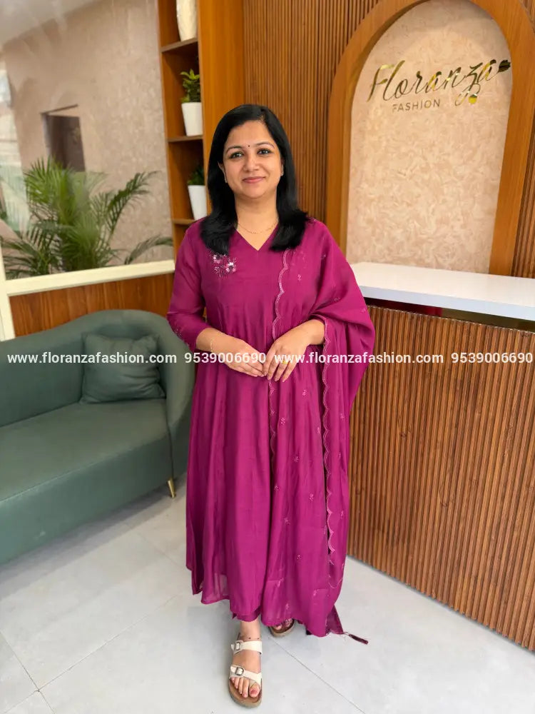 Premium 3 Piece Set In Mul-Chanderi - Purple(4113C) - Purple / M