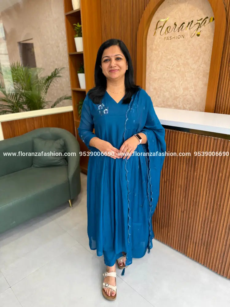 Premium 3 Piece Set In Mul-Chanderi - Teal Blue(4113B) - TEAL BLUE / M
