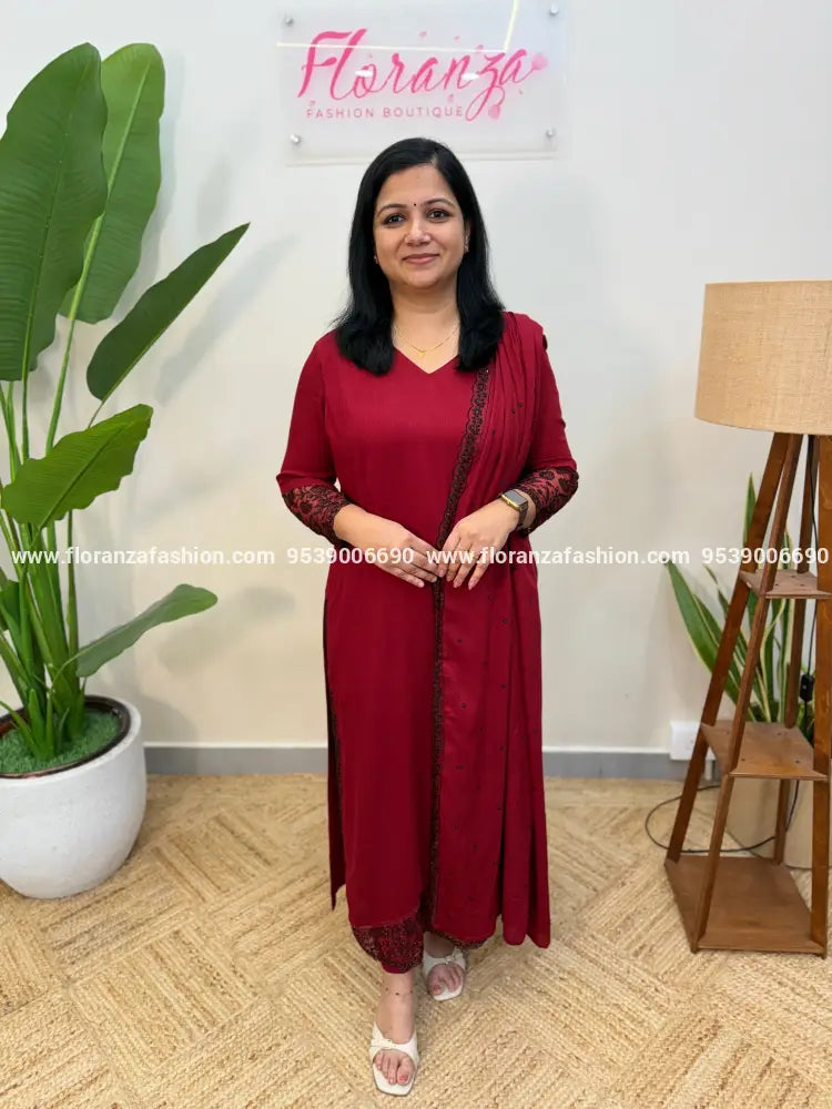 Premium 3 Piece Set In Wrinkle Rayon - Reddish Maroon (4063A) - Reddish Maroon / M