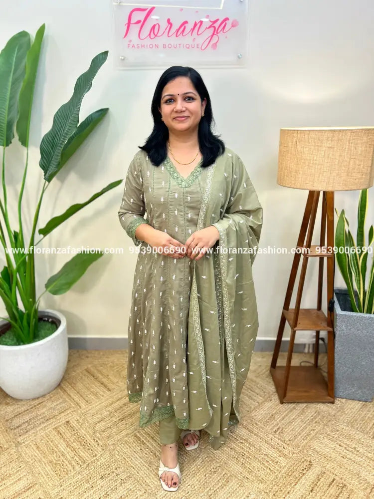 Onam Special 3 Piece Set in Premium Kora Cotton - Dusty Green (3944E) - Dusty Green / M