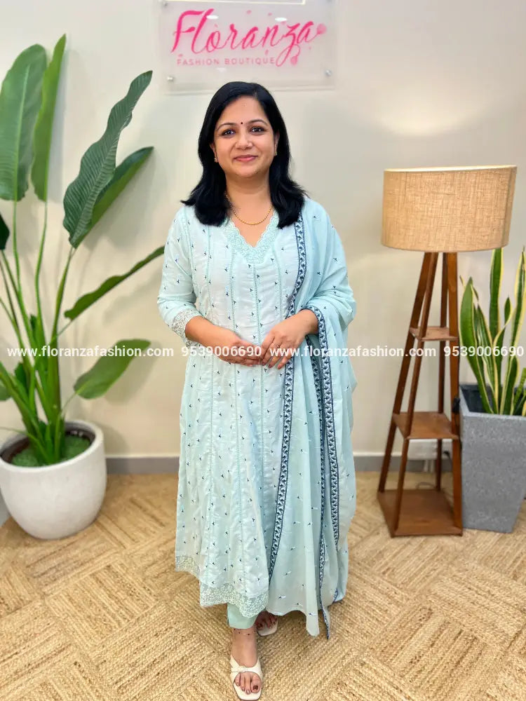 Onam Special 3 Piece Set in Premium Kora Cotton - Pastel Blue (3944C) - Pastel Blue / M
