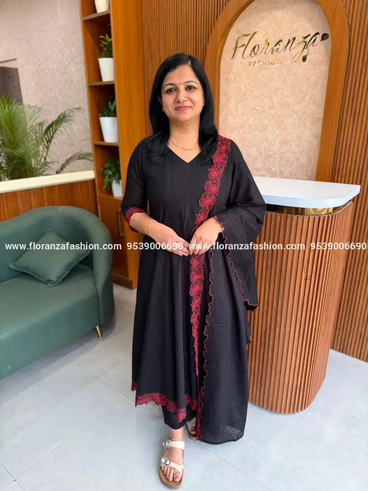Premium Anarkali 3 Piece Set in Weaved Cotton - Black(4131A) - BLACK / M