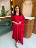 Premium Anarkali 3 Piece Set in Weaved Cotton - Red(4131B) - RED / M