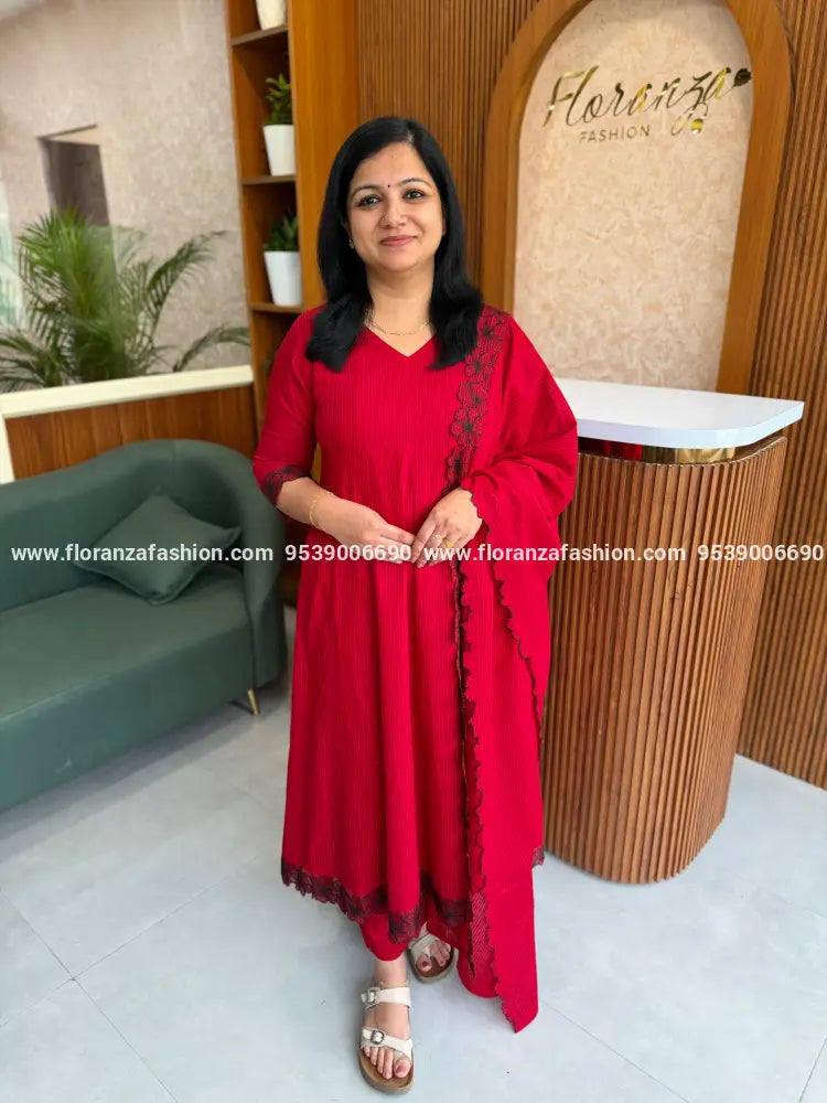 Premium Anarkali 3 Piece Set in Weaved Cotton - Red(4131B) - RED / M