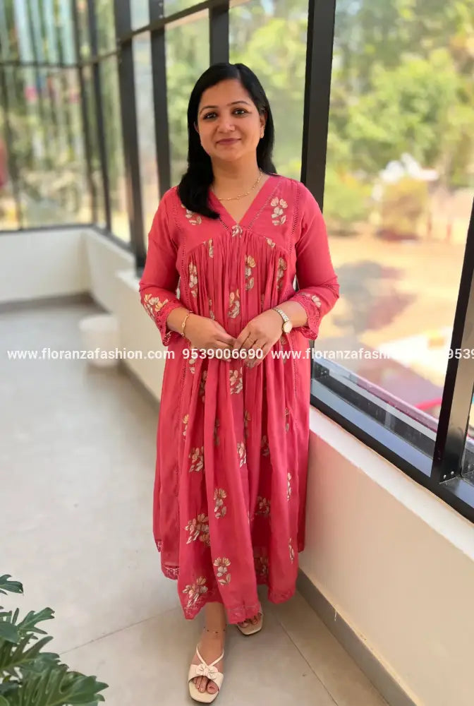 Premium Brand Kurti in Mul-Chanderi - Pinkish Peach (3317) - Pinkish Peach / 2XL