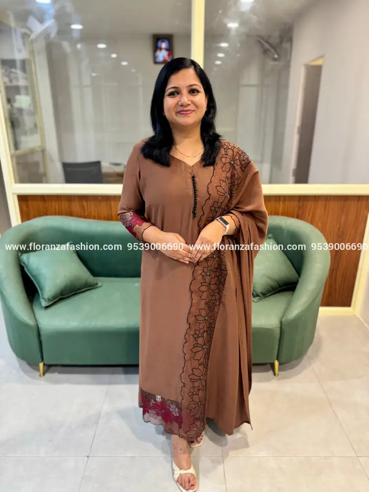 Premium Crushed Mul-Chanderi 3 Piece Set - 3731 - Brown / M