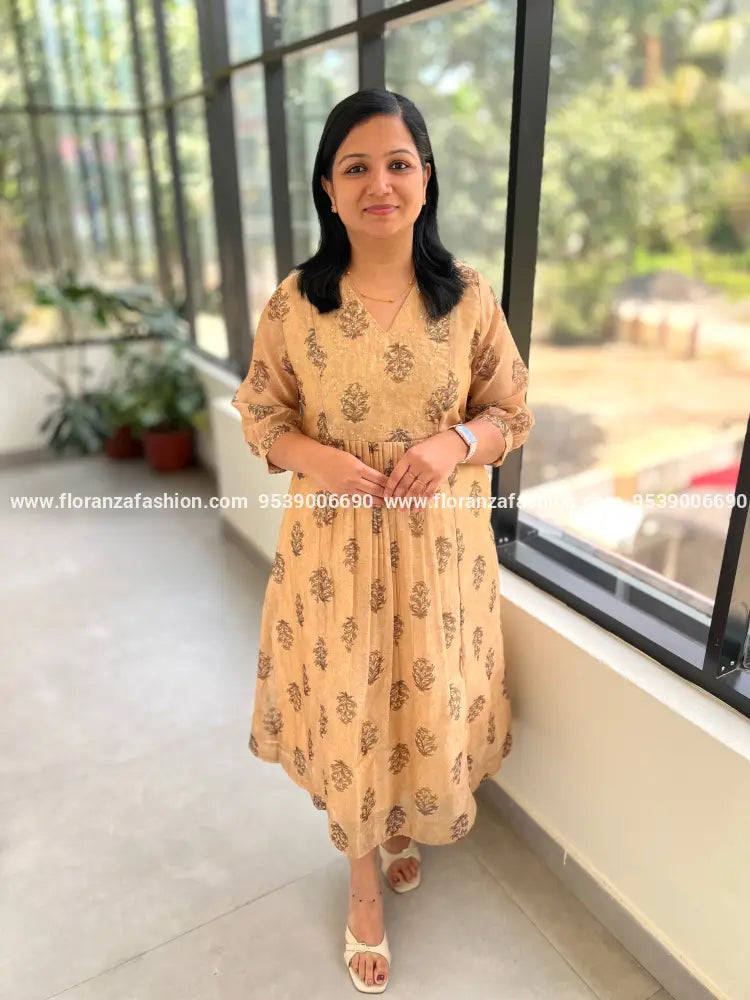 Premium Kurti In Mul-Chanderi - Yellowish Chiku (3984B) - Yellowish Chiku / M