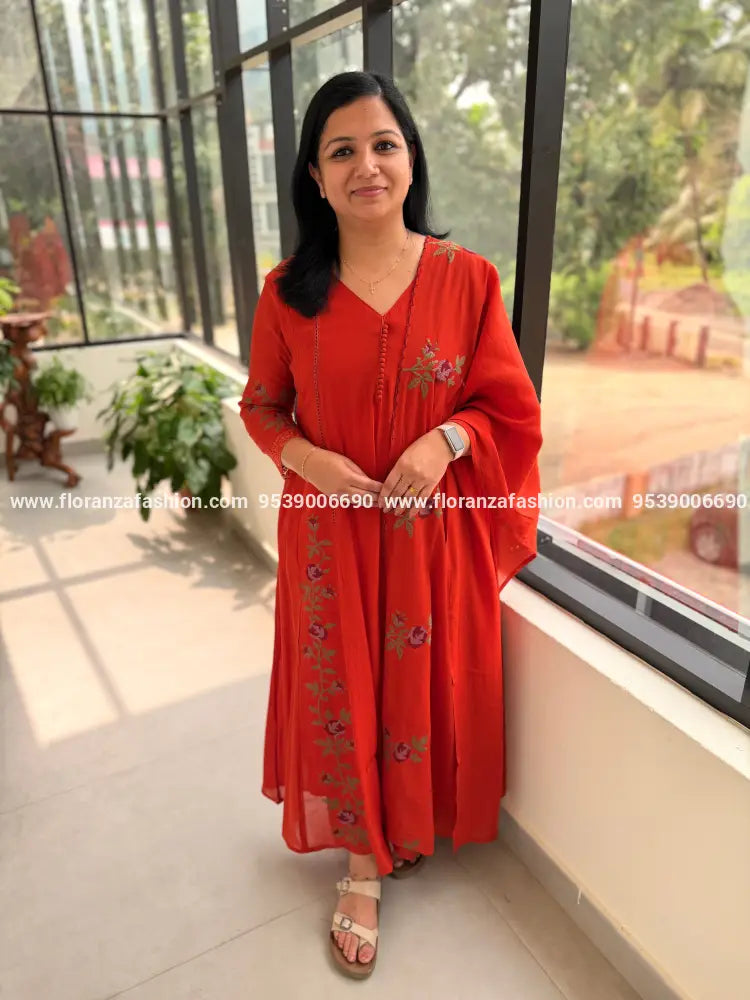 Premium Party wear 3 Piece Set In Mul-Chanderi - Burnt Orange (4098B) - Burnt Orange / M