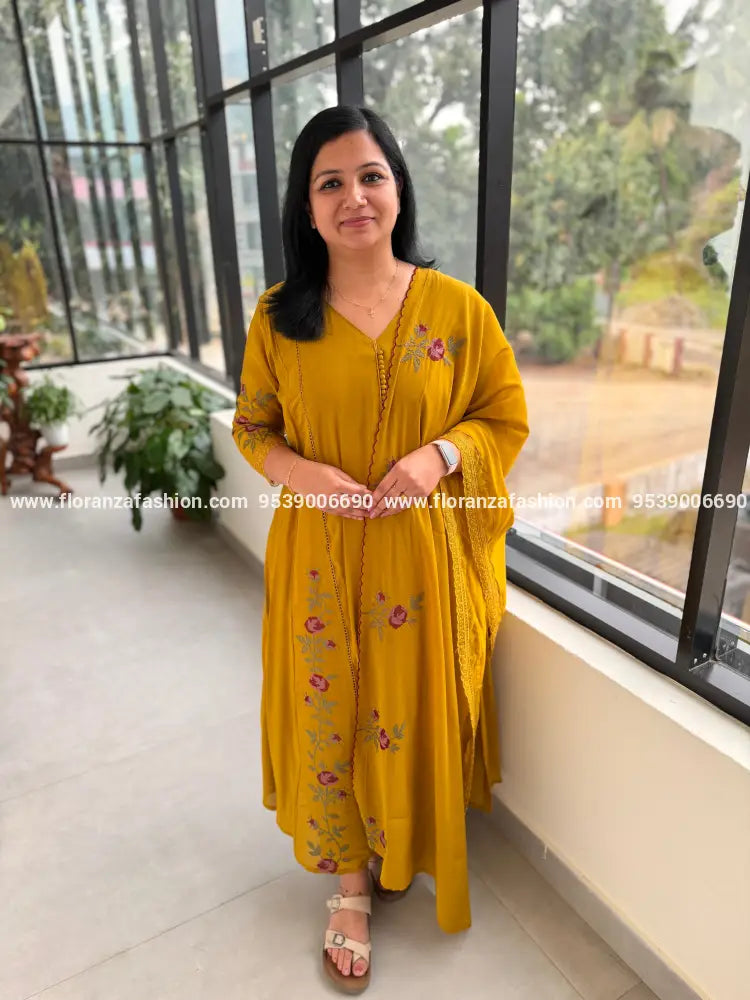 Premium Party wear 3 Piece Set In Mul-Chanderi - Dark Mustard Yellow (4098D) - Mustard Yellow / M