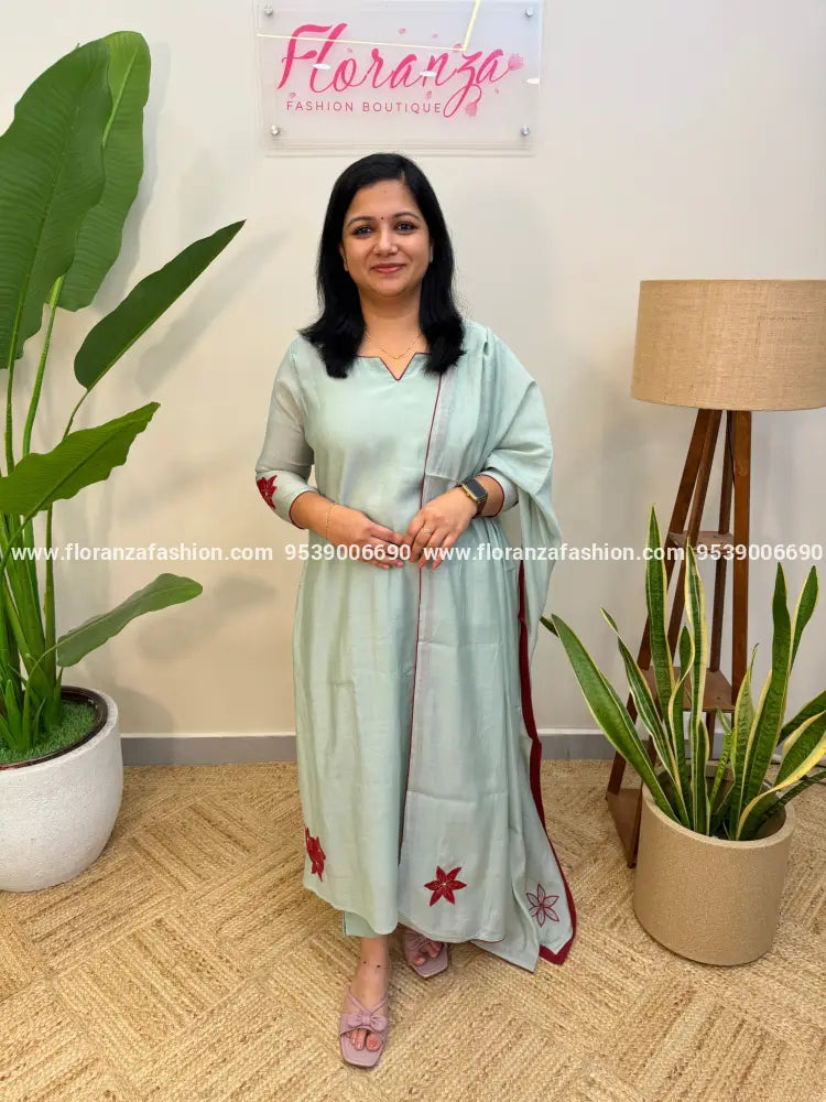 Premium Party wear 3 Piece Set in Mul-Chanderi - Light Pastel green (4079A) - LIGHT PASTEL GREEN / M