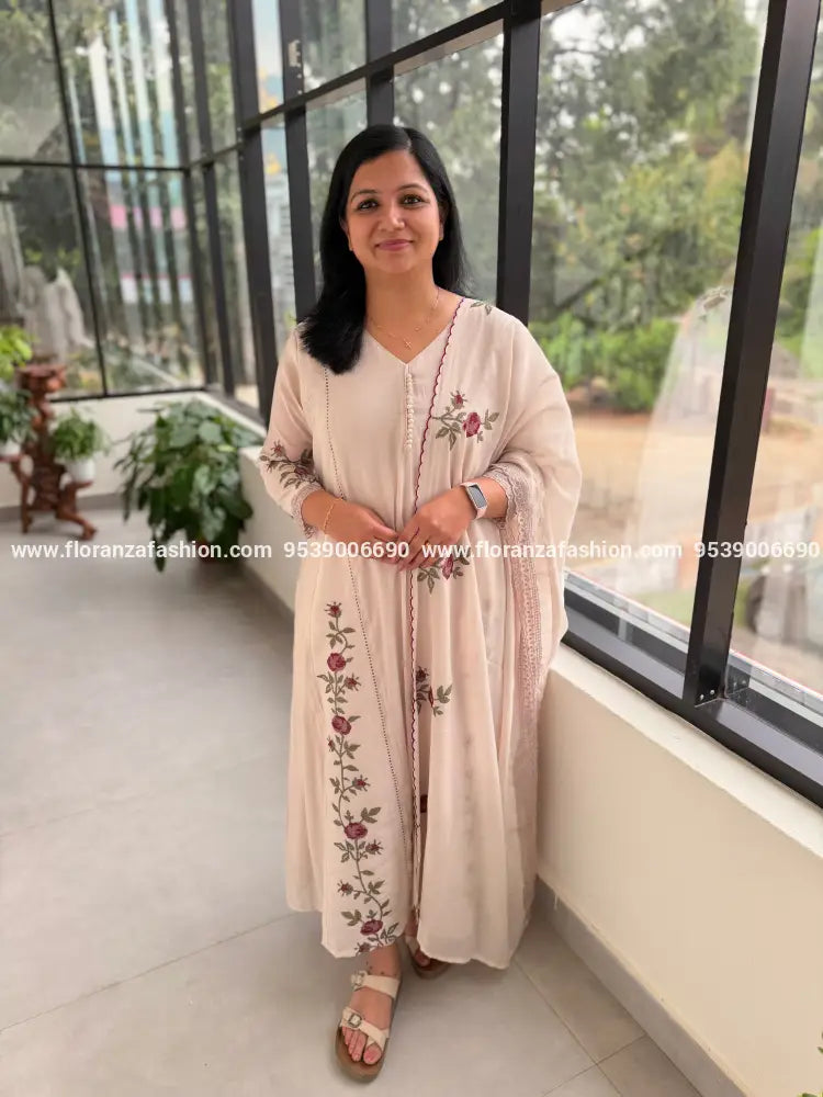 Premium Party wear 3 Piece Set In Mul-Chanderi - Off-white mix Chiku (4098E) - Off-White mix Chiku / M