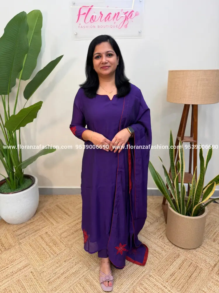 Premium Party wear 3 Piece Set in Mul-Chanderi - Violet (4079E) - Violet / M