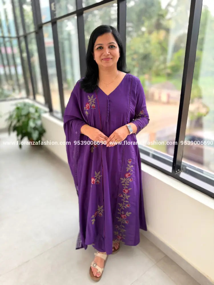 Premium Party wear 3 Piece Set In Mul-Chanderi - Violet (4098C) - Violet / M