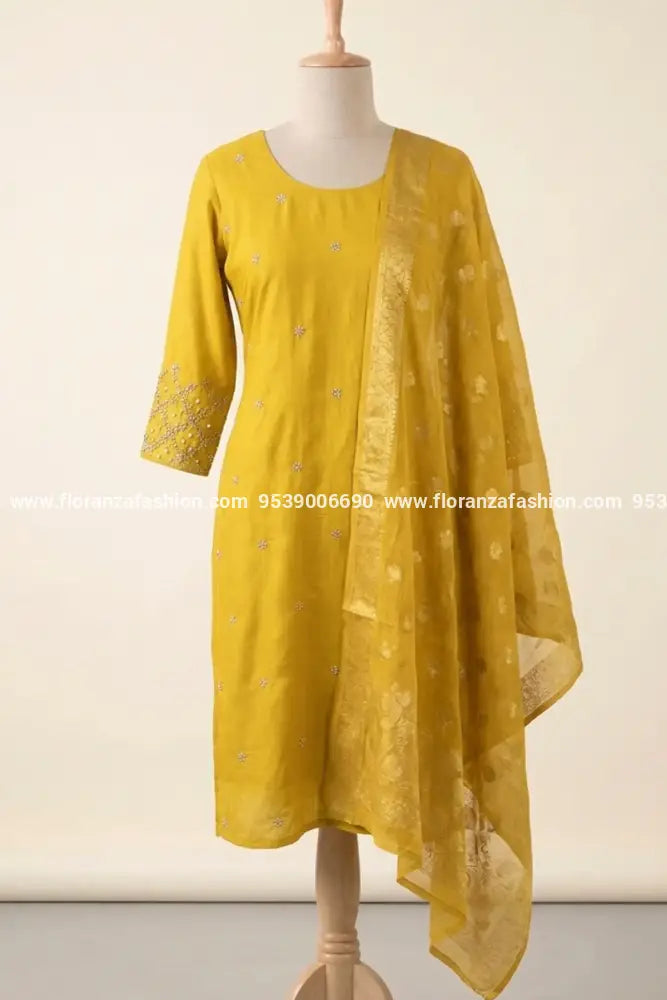 Premium Party Wear 3 Piece Set In Silk Blended Fabric - Mustard Yellow (3578B) - Mustard Yellow / XL