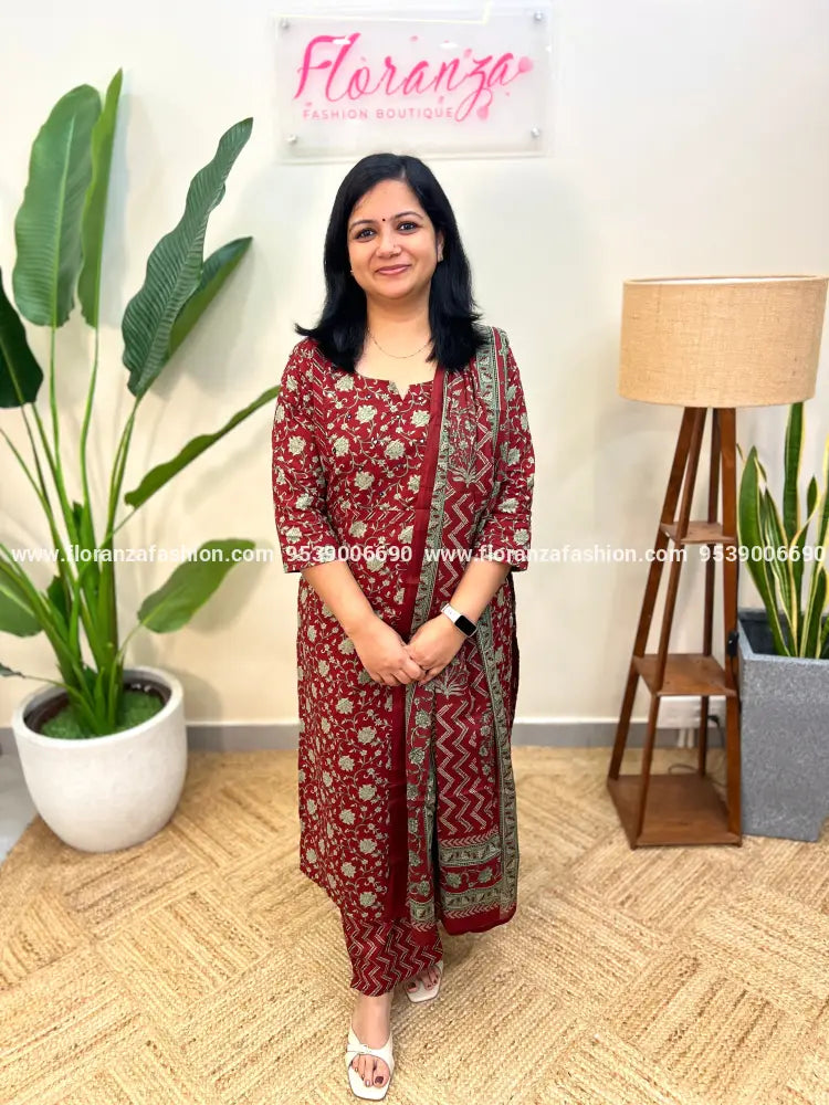 Printed Cotton 3 Piece Set - Dark Brick Maroon (3947B) - Brick Maroon / L