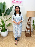Slit Kurti in cotton linen - White n Blue (1013A) - White n Blue / S