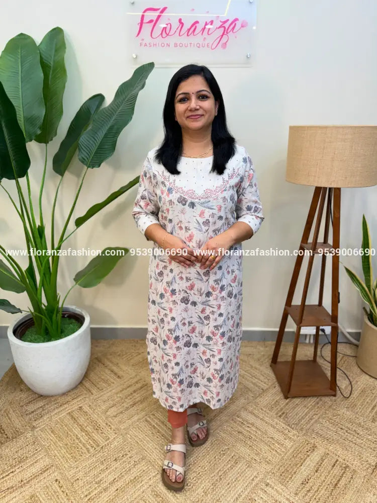 Slit Kurti in cotton linen - White n Peach (1013B) - White n peach / L
