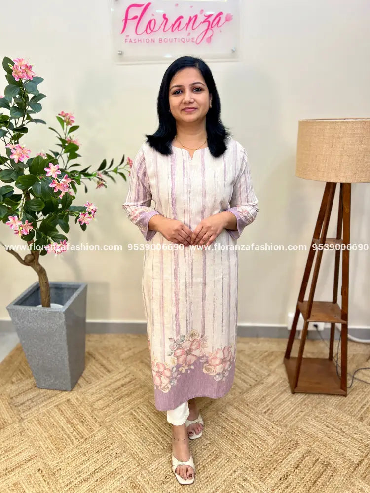 Slit Kurti in Handloom Cotton - Off-White n Lilac (3980A) - Off White n Lilac / M